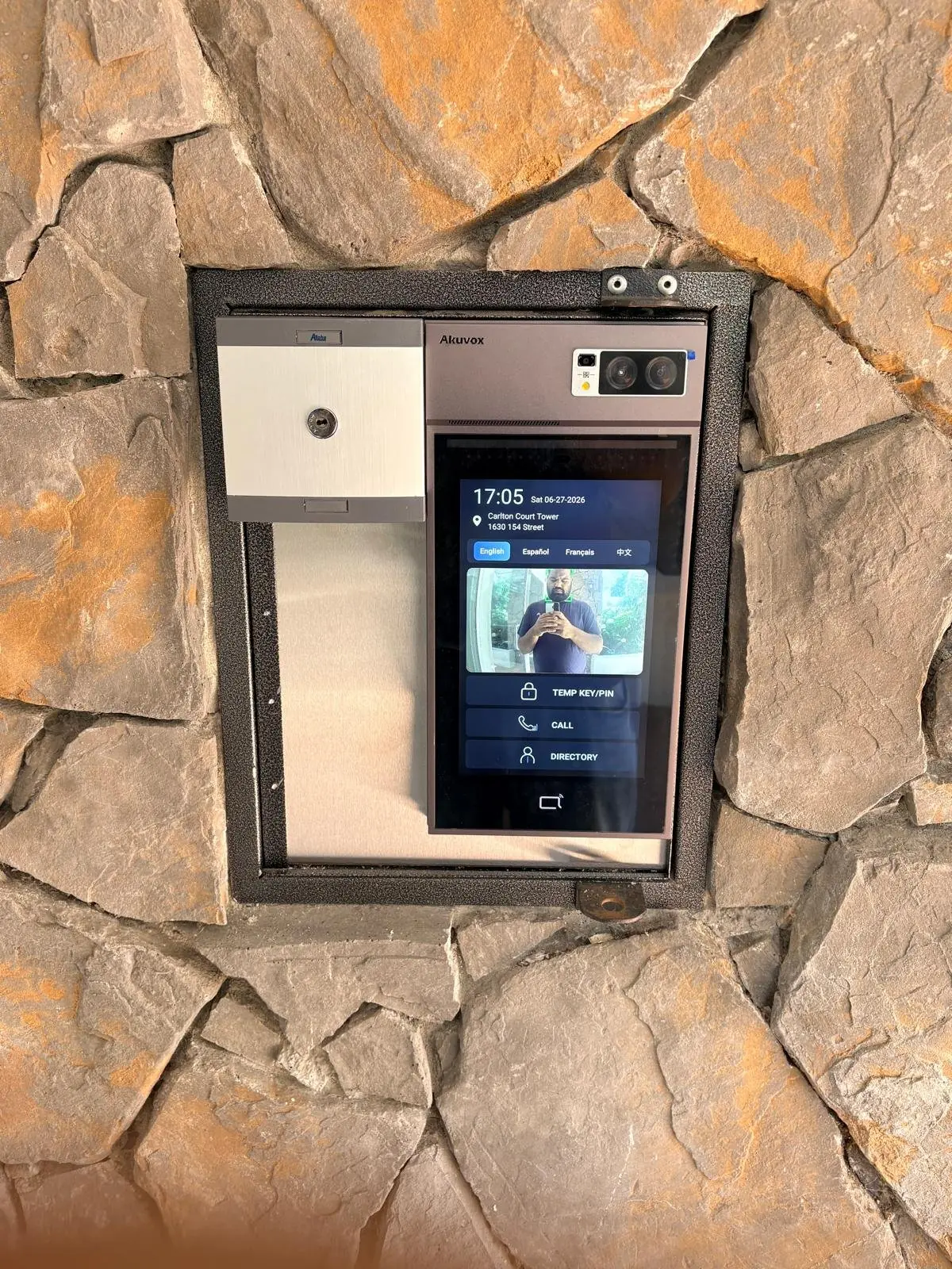 Akuvox gate video intercom at Carlton Court in Surrey showing temporary PIN access, calling and digital directory options