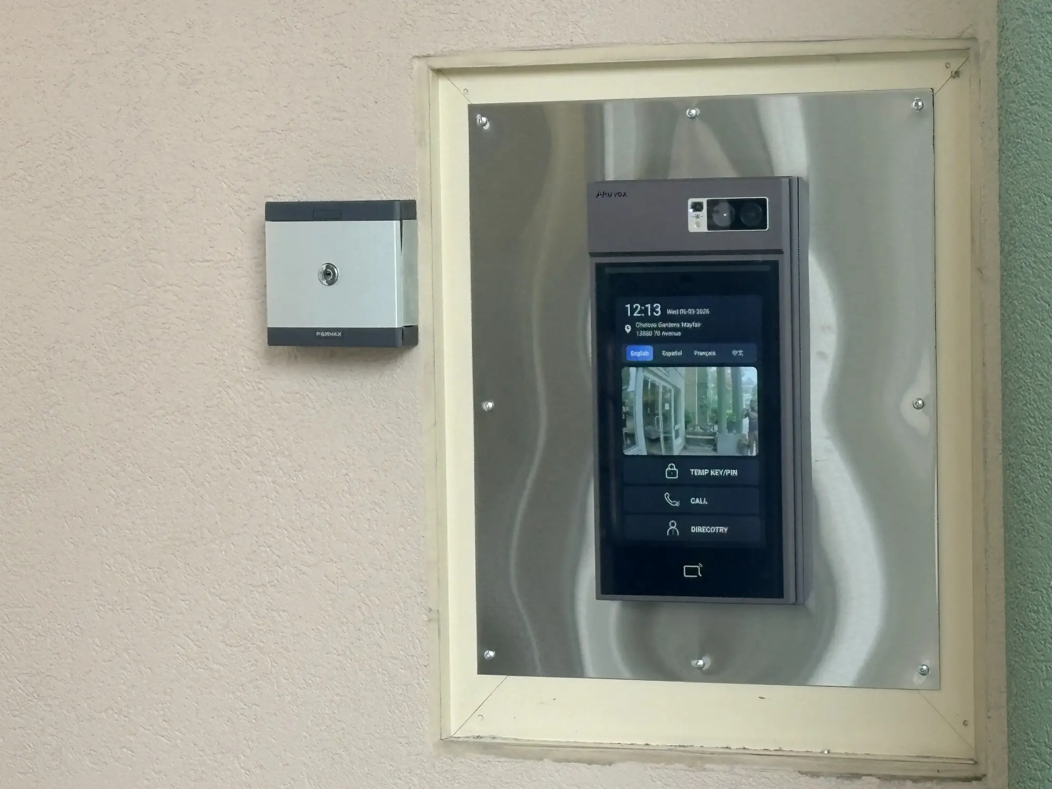 Akuvox S539 video intercom installed at the Chelsea Gardens Mayfair entrance in Surrey