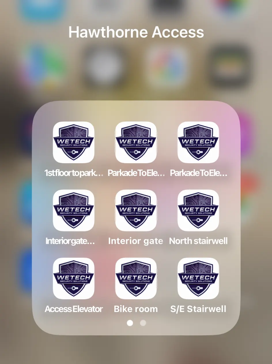 Hawthorne Access folder on an iPhone showing WeTech shortcuts for parkade elevator gate stairwell and bike-room entrances