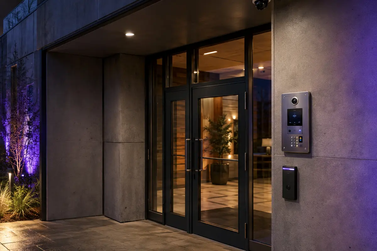 Integrated video intercom, access control and CCTV at a modern Metro Vancouver strata entrance