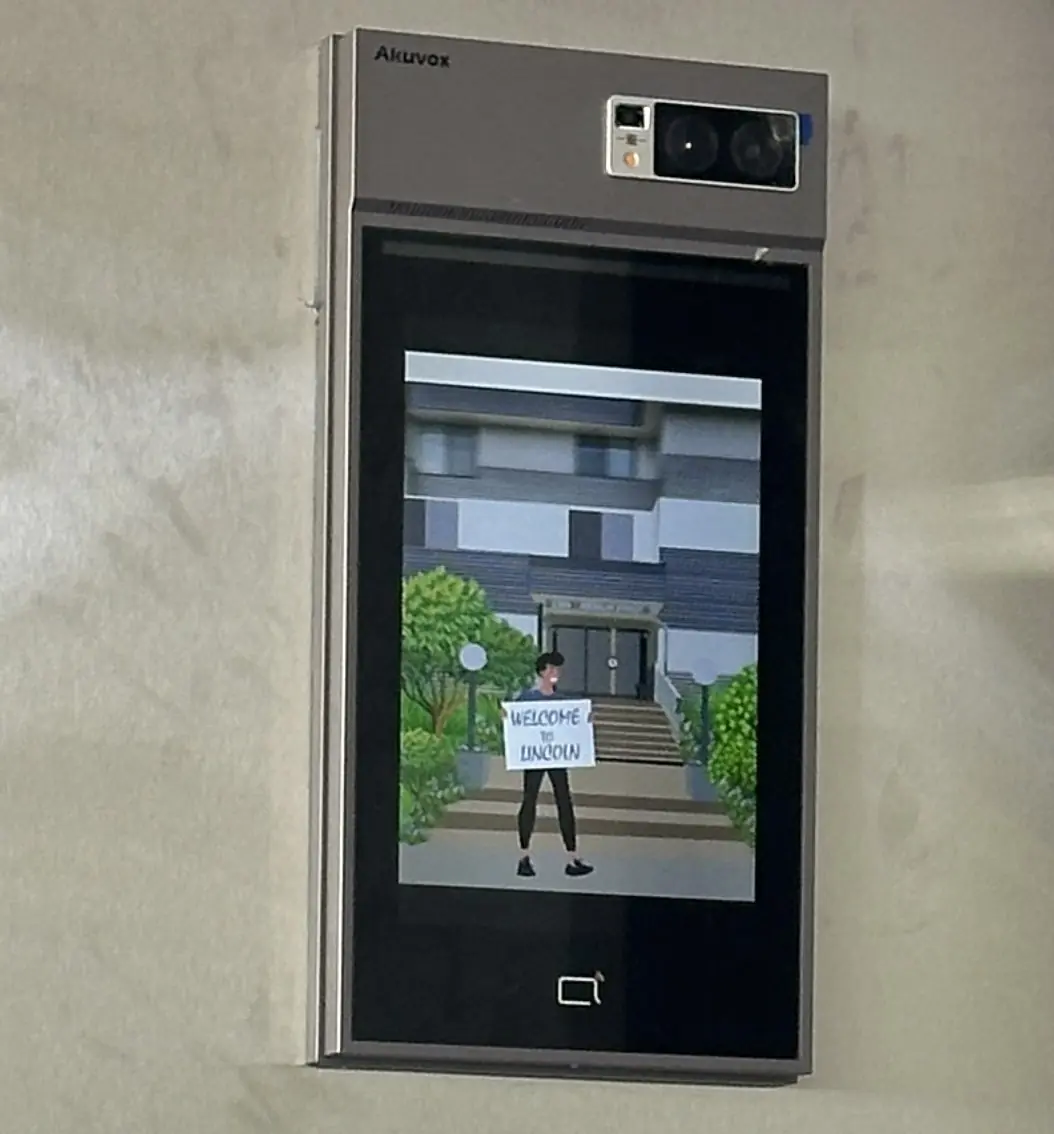 Akuvox video intercom at Lincoln displaying a custom Lincoln building welcome wallpaper