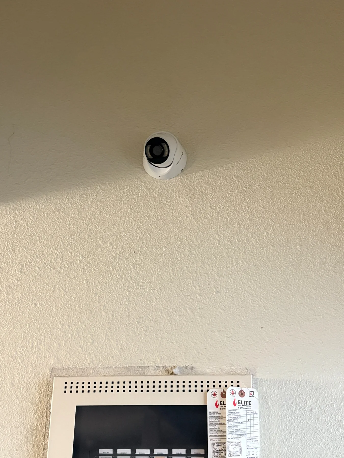 Security camera installed above the fire alarm panel in the Nelson Manor lobby in Abbotsford
