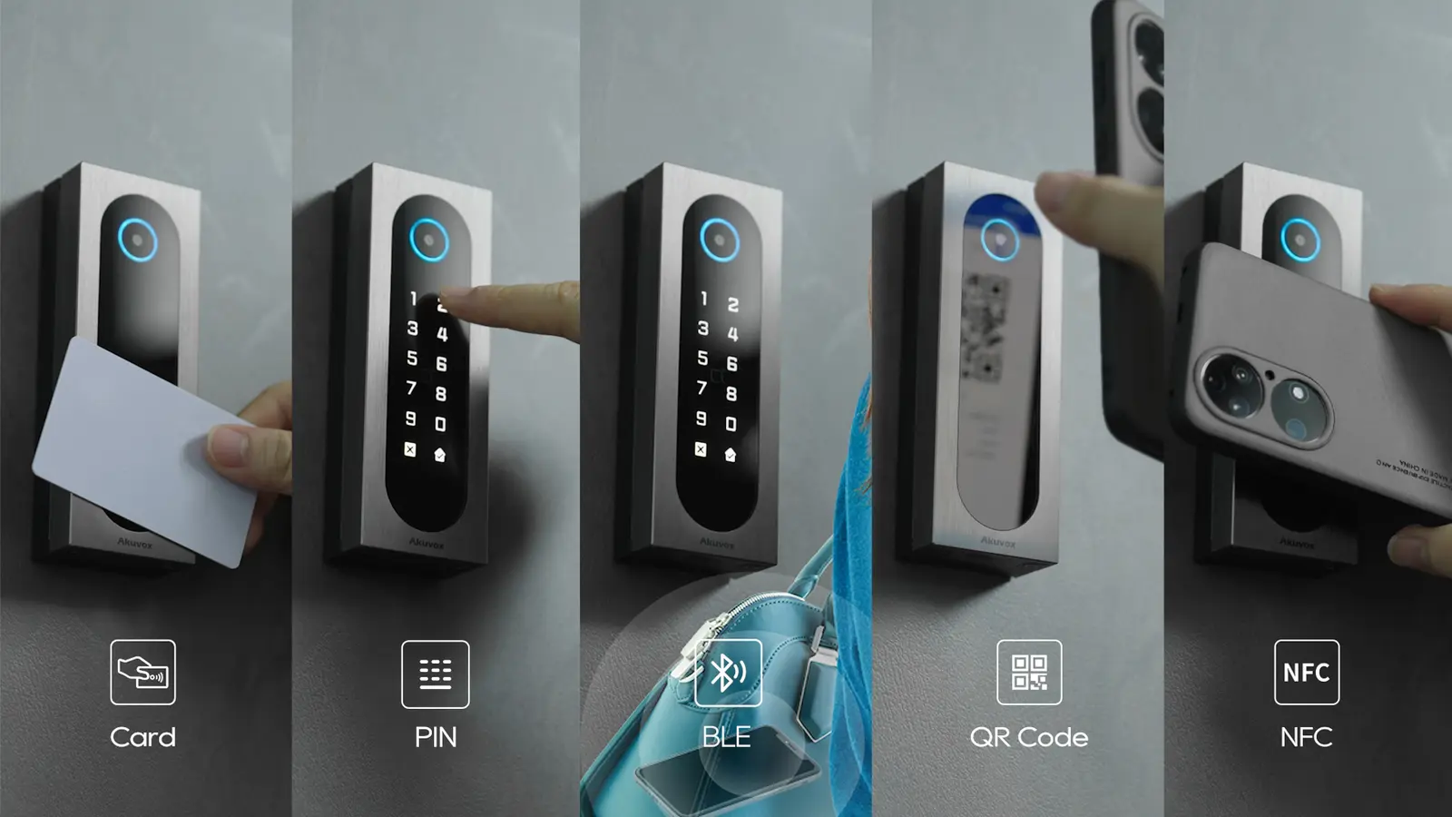 Access-control credential options including card, PIN, BLE, QR code and NFC