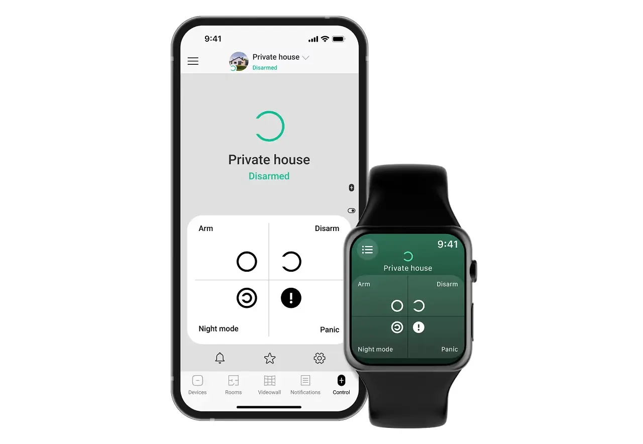 Mobile alarm-system controls displayed on a smartphone and smartwatch