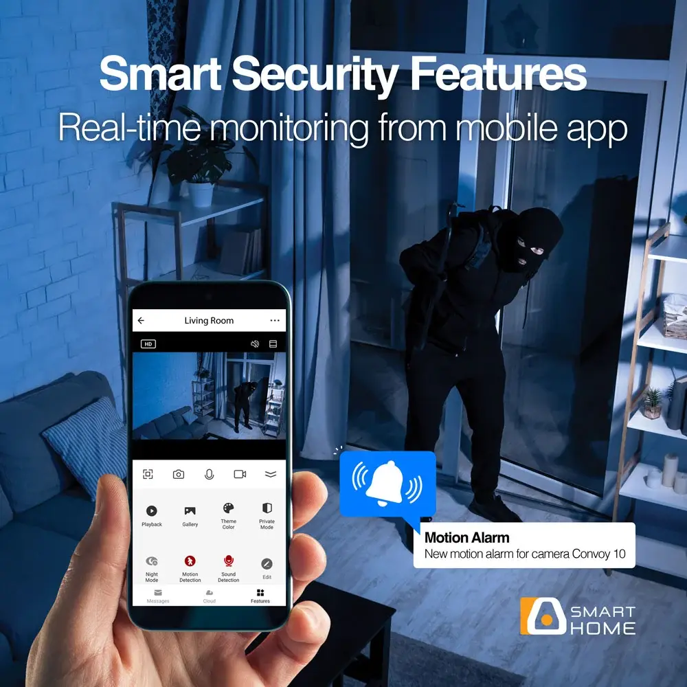 Mobile CCTV app showing a motion alert and live security-camera view