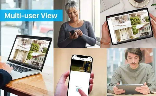 Authorized users viewing security cameras from a laptop, tablet and mobile phone