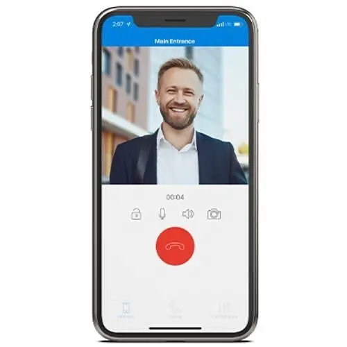 Mobile app displaying a live visitor video call from the building entrance
