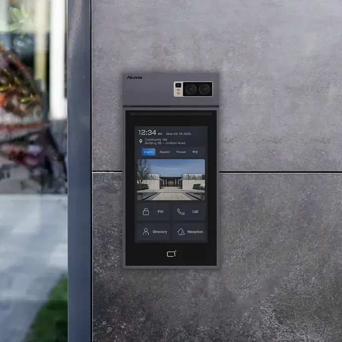 Modern multi-tenant video intercom installed at a building entrance